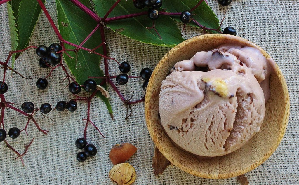 Elderberry ice cream with hazelnut chocolate crunch