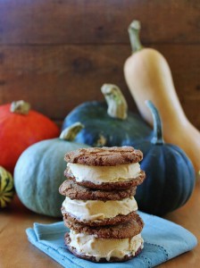 Lightly spiced pumpkin or squash ice cream sandwiches with gingersnaps
