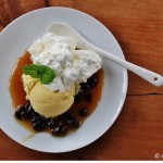 Eggnog ice cream with rum raisin sauce