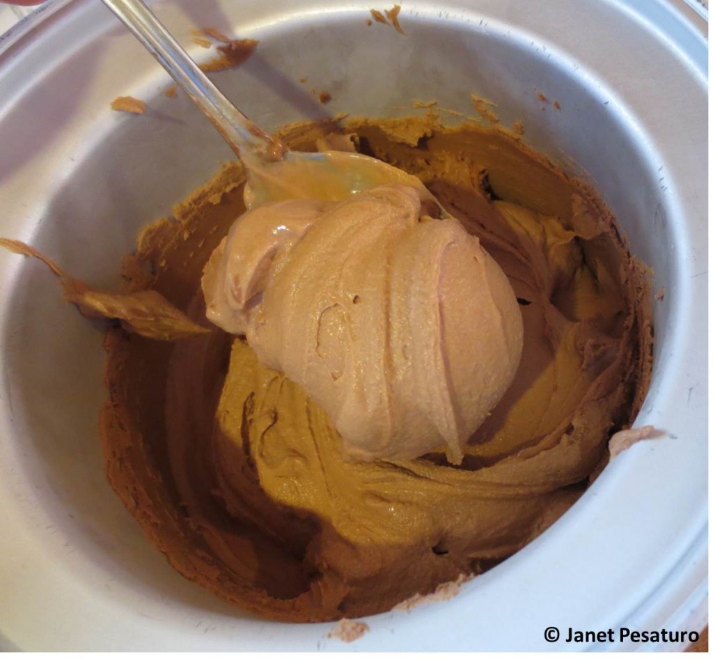 Chocolate ice cream when it's done churning. It is thick enough to serve as a soft serve. Place in freezer for firmer ice cream.